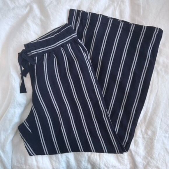 A New Day Navy Striped Wide Leg Linen Pull-On Pants - Picture 1 of 8